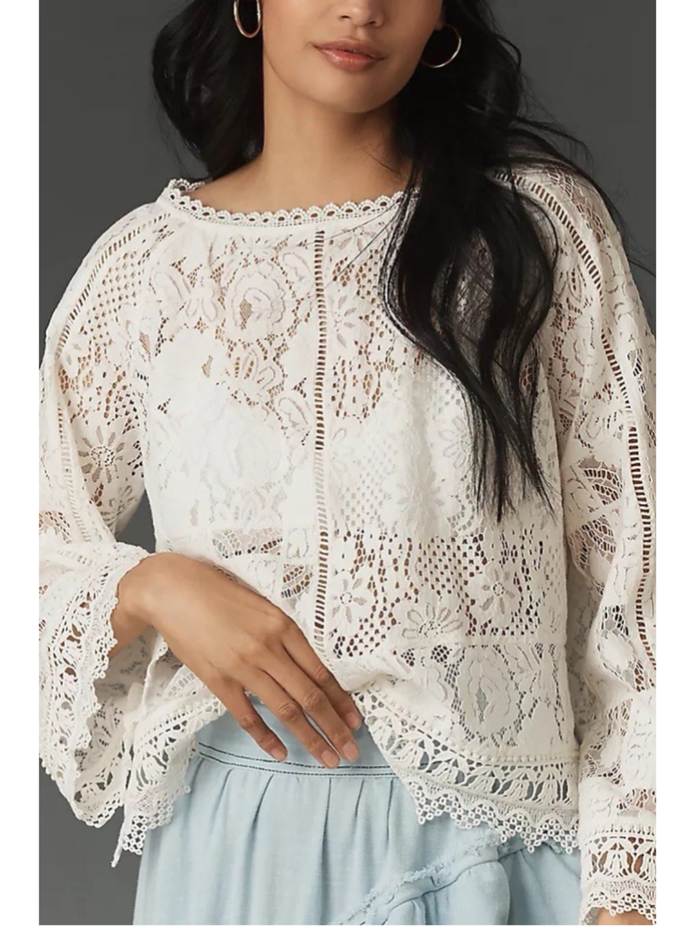 Anthropologie Long Sleeve Lace Patches Blouse Antique White Small Boho Prairie
